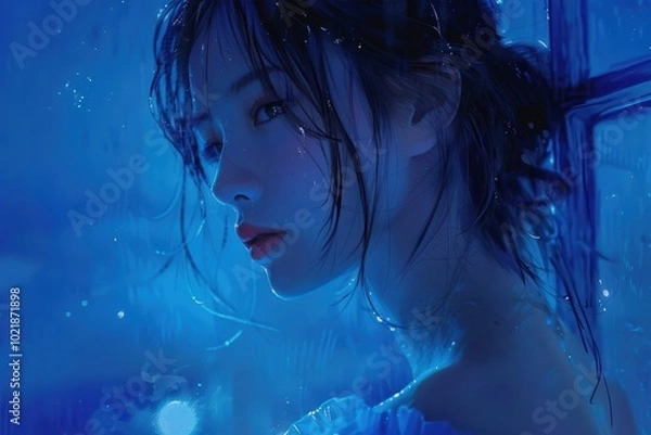 Fototapeta A serene profile of a woman illuminated in blue tones, with droplets of water creating a dreamy, ethereal atmosphere.