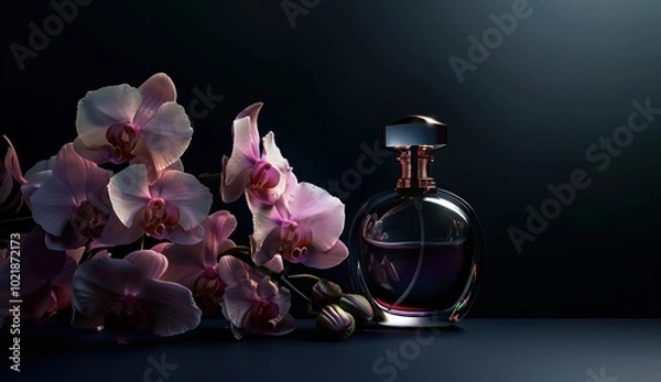 Fototapeta A beautifully lit perfume bottle next to delicate pink orchids, exuding elegance and allure in a dark, moody background