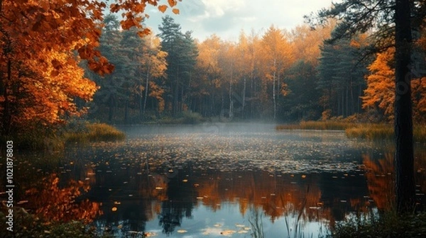 Obraz Misty autumn forest with a lake, golden leaves reflecting in the water, creating a tranquil and serene atmosphere.