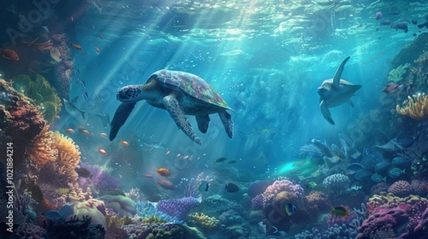 Fototapeta Two sea turtles glide through a vibrant coral reef, illuminated by sunbeams piercing the clear blue water of an aquatic paradise.