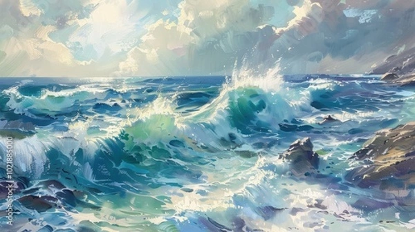 Fototapeta A vibrant seascape with crashing waves, bright sunlight, and dramatic clouds, depicting the beauty and power of the ocean