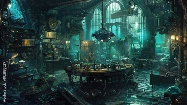 Fototapeta A dimly lit, atmospheric room filled with cluttered books, artifacts, and mysterious objects, evoking a sense of magic and intrigue.