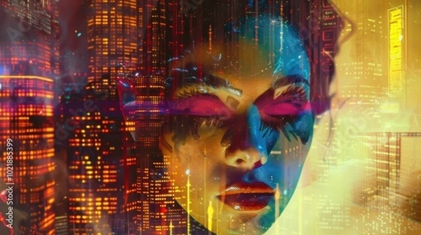 Fototapeta A vibrant, digital portrait of a woman with multicolored makeup, set against a futuristic cityscape, blending technology and art