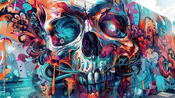 Fototapeta A vibrant, abstract mural featuring a stylized skull adorned with colorful patterns and swirls, showcasing urban street art creativity