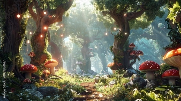 Fototapeta A whimsical forest path illuminated by soft light, adorned with vibrant mushrooms and surrounded by lush greenery