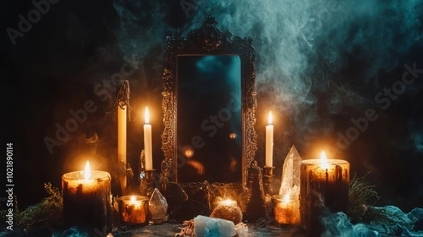 Obraz  mystical altar , burning candles, and a black mirror for scrying,  dark, smoky background