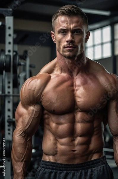 Fototapeta Muscular man poses confidently in gym while showcasing strength and dedication to fitness.