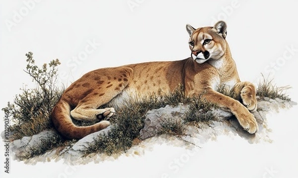 Fototapeta Panorama of puma (Puma concolor) lying on grassy ridge