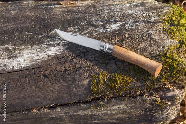 Fototapeta folding knife on log