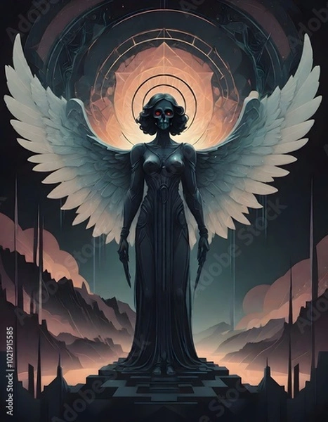 Fototapeta A celestial figure with large wings and a glowing halo, floating in a cosmic space with swirling colorful nebulae and stars, appearing as an angelic being illuminated by ethereal light, Generative AI.