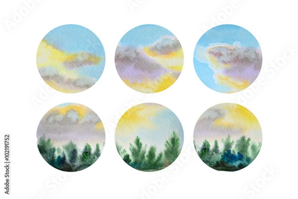 Fototapeta Set of six watercolor circle shapes with a landscape