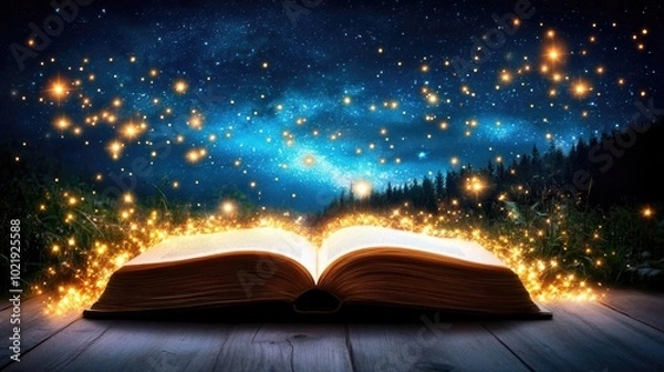Fototapeta Magical open book under starry night sky with glowing sparkles