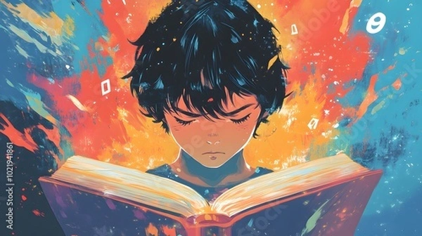 Fototapeta A boy with short black hair is reading an open book, with a colorful background, a close-up of his face and head, in a flat illustration style