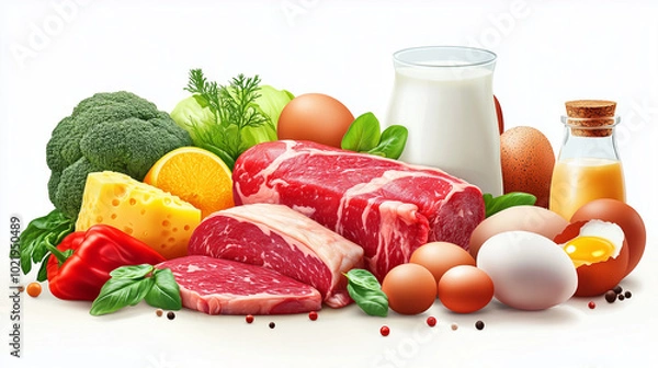 Fototapeta Fresh Produce, Quality Meat, Eggs & Selenium Elements in Business Illustration Style - Healthy Food Concept