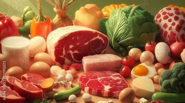 Fototapeta Fresh Produce, Quality Meat, Eggs & Selenium Elements in Business Illustration Style - Healthy Food Concept