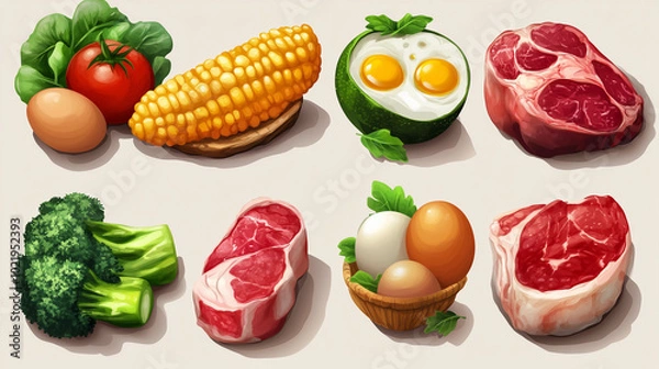 Fototapeta Fresh Produce, Quality Meat, Eggs & Selenium Elements in Business Illustration Style - Healthy Food Concept