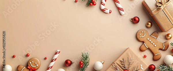 Fototapeta Christmas background with red and beige decorations on the edges, candy canes, gingerbread cookies, stars, ornaments, on light brown surface, flat lay photograph with copy space
