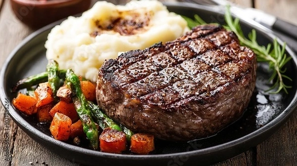 Fototapeta A juicy grilled steak served with creamy mashed potatoes and sauteed vegetables on a rustic plate.