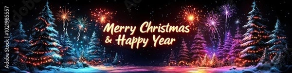 Fototapeta Vibrant Merry Christmas and Happy New Year Greeting with Colorful Fireworks and Illuminated Snowy Trees Background