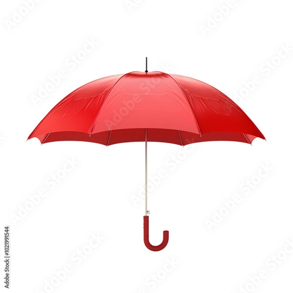 Fototapeta A red umbrella is open and has a white logo on it