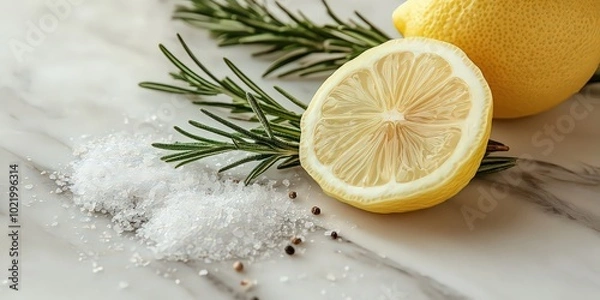 Fototapeta  Fresh lemon slices, sprigs of rosemary, and sea salt on a marble surface, creating a simple, clean arrangement of natural ingredients for cooking.