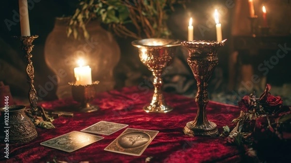 Fototapeta  altar, covered in deep red velvet, with flickering candles, silver chalice, and Tarot cards ,  ceremonial dagger
