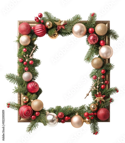 Fototapeta Christmas square photo frame, decorated with balls and Christmas tree branches , isolated on transparent background