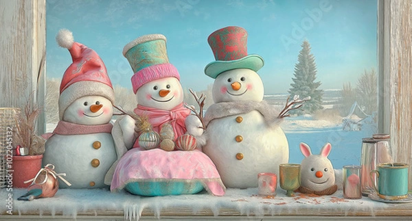 Obraz Funny snowmen on the windowsill.