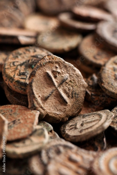 Fototapeta Ancient Byzantine copper coins with cross