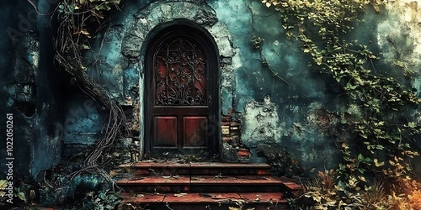 Fototapeta Old Wooden Door with Ironwork, Vines and Stone Wall, Mystery and Intrigue