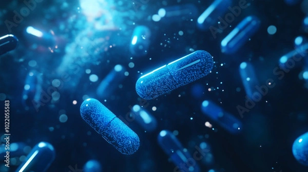 Fototapeta medical blue background with glowing bacteria and capsule pills concept