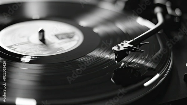 Fototapeta A black-and-white close-up of an old vinyl record spinning on a turntable, with the needle in focus.