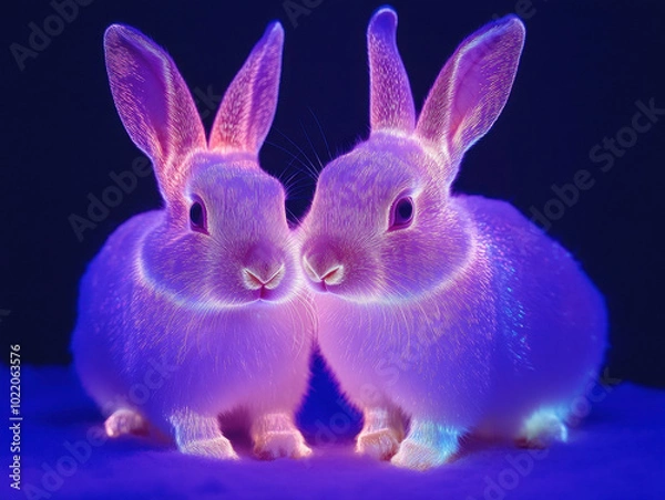 Obraz A pair of rabbits with holographic ears that change color based on their movements --ar 4:3 --style raw --v 6.1 Job ID: 9083767a-193f-4f1b-bd58-de34f4530029