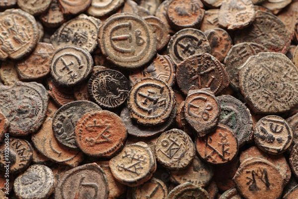 Fototapeta Ancient Byzantine copper coins top view