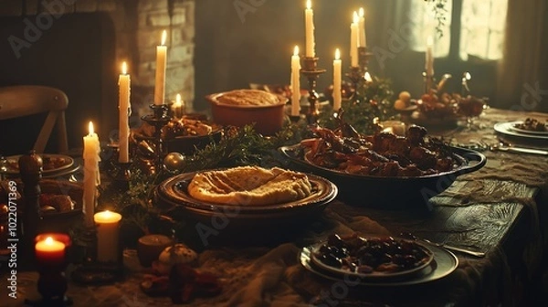 Fototapeta Cozy candlelit holiday feast with festive decorations and delicious dishes set on rustic table, celebrating merry christmas and happy new year ai