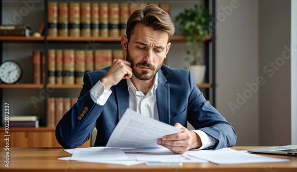 Fototapeta A lawyer in a professional office, deeply focused on reviewing important legal documents, with bookshelves and legal references in the background.