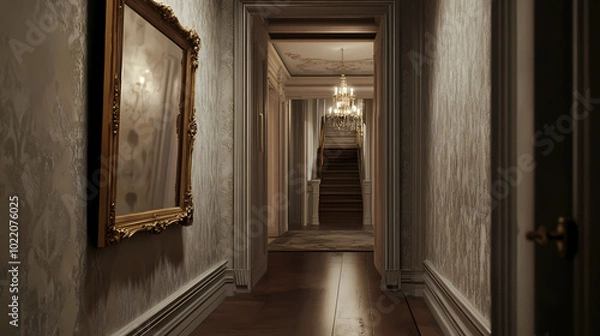 Fototapeta A gold framed mirror is placed in a hallway, adding an elegant touch to the space. this picture can be used for interior design or home decor themes. Enchanted Mirror. Illustration