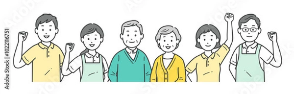 Obraz 高齢者と介護士男女が元気に集合するイラストセット
