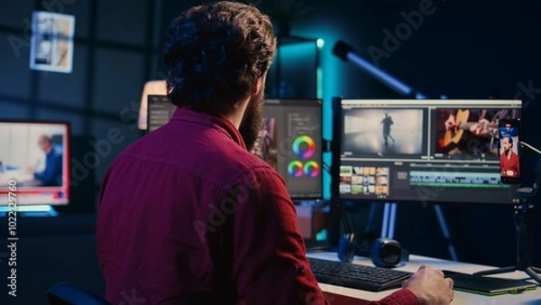 Fototapeta Video editor using smartphone to film tutorial on how to polish raw footage and apply modern editing techniques. Videographer recording internet guide on professionally adjusting clips