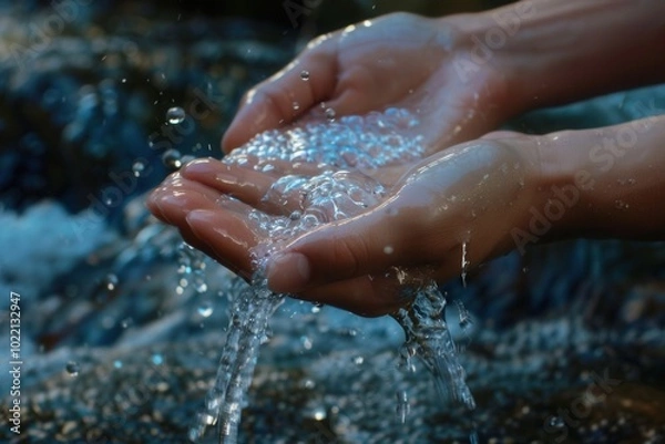 Obraz Hands are gently washed under a clear stream of water flowing over smooth stones in a peaceful outdoor setting. Generative AI