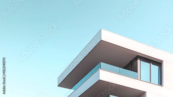 Obraz A minimalist building with clean lines and smooth white concrete surfaces, set against a clear blue sky, emphasizing simplicity and modern architectural design 