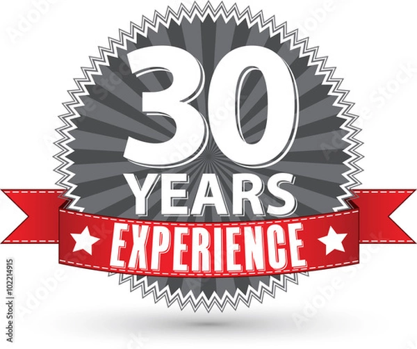 Obraz 30 years experience retro label with red ribbon, vector illustra