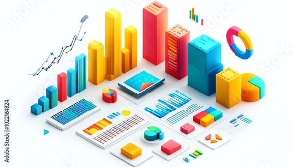 Obraz Dynamic isometric view of a business presentation, data report illustration, isolated on white background, bright colors, clear and informative