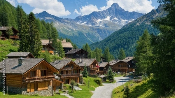 Fototapeta A scenic mountain village of wooden chalets spread across a green valley, surrounded by trees and distant peaks, basking in the warm sunlight.
