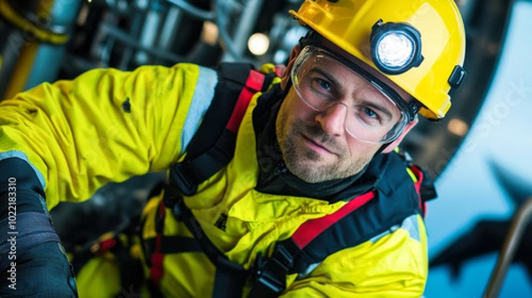 Fototapeta focused worker in yellow safety suit and helmet, equipped with headlamp, showcases determination in challenging environment