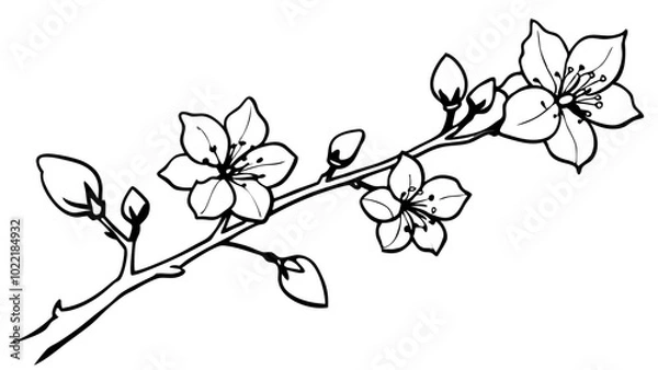 Fototapeta pen drawing a branch of a cherry tree in blossom,