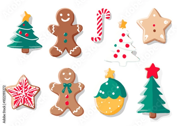 Fototapeta Christmas Vector Stickers Bundle: Gingerbread Men, Trees, Candy Canes, and Stars for Holiday Crafts or prints.