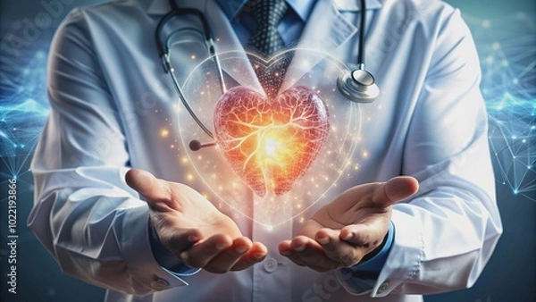 Fototapeta A delicate, glowing heart levitates above a man's open palm, surrounded by stethoscope coils and medical charts, symbolizing cardiovascular disease and health concerns.