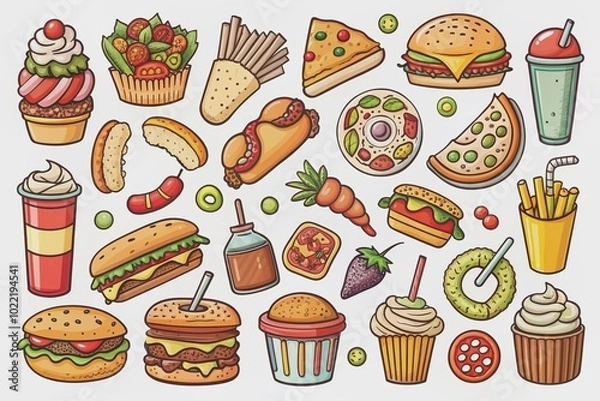 Fototapeta Vibrant hand-drawn street food set featuring fast food ink sketches of simple snacks and takeaway items in doodle style, isolated on white background.