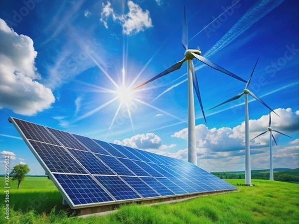 Fototapeta Vibrant blue solar panel and majestic wind turbine harmoniously coexist, symbolizing innovative green energy solutions and eco-friendly alternative power sources for a sustainable future.